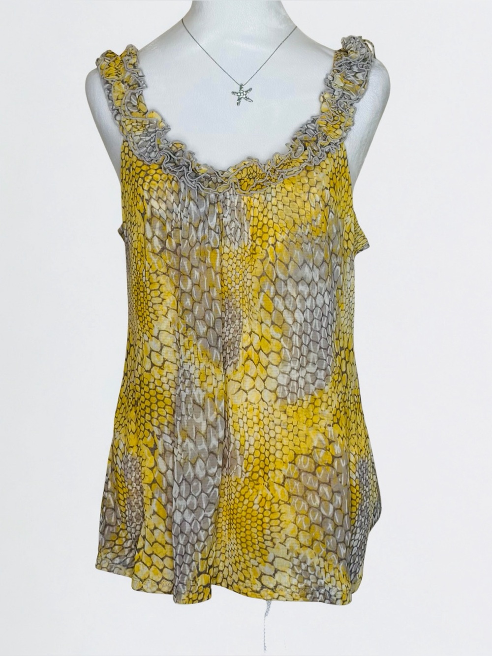 INC Yellow Snake-Print Ruffle-Trim Tank Top